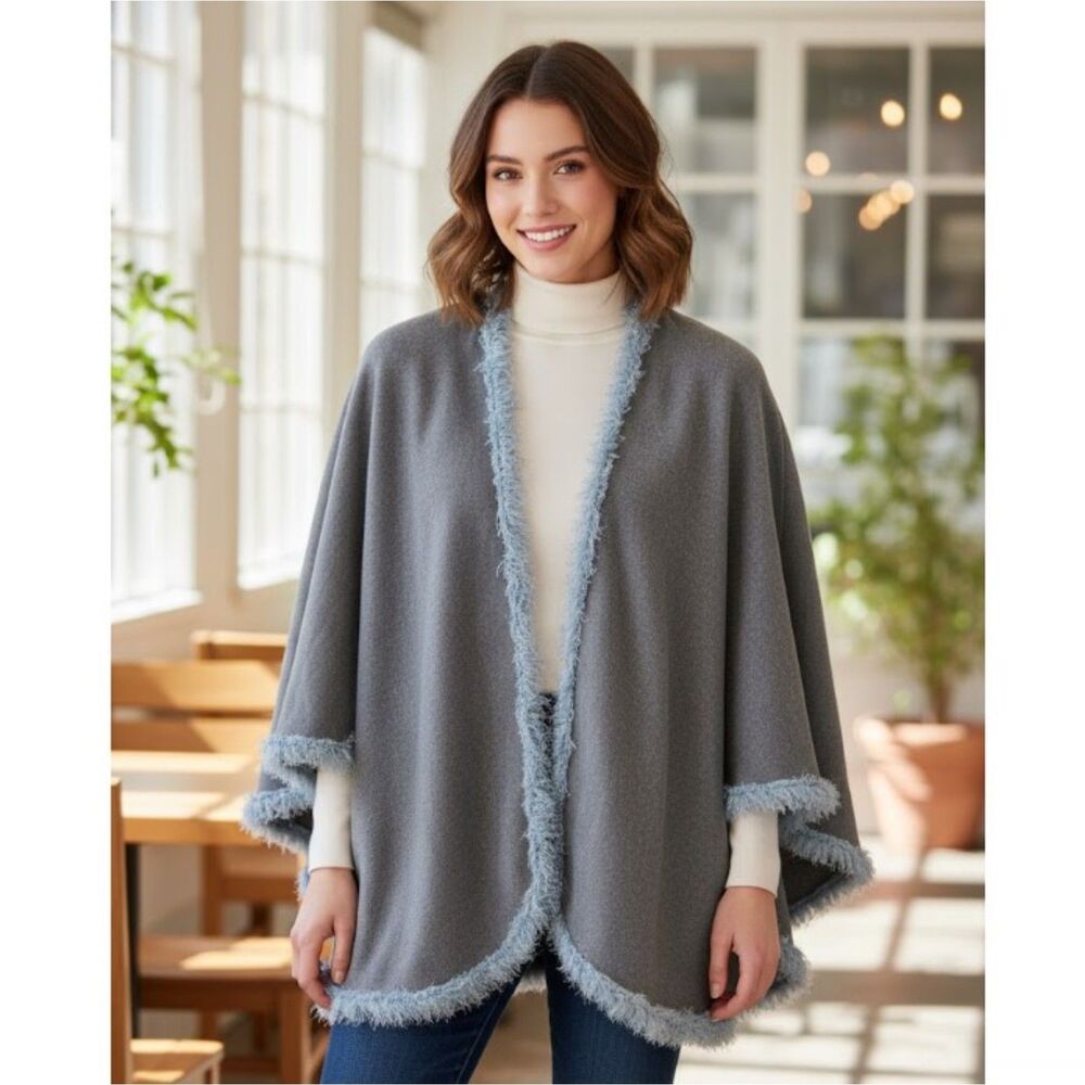 C.B.M. Project Gray Wool Wrap Cape Shawl Made In Italy Blue Trim Womens One Size
